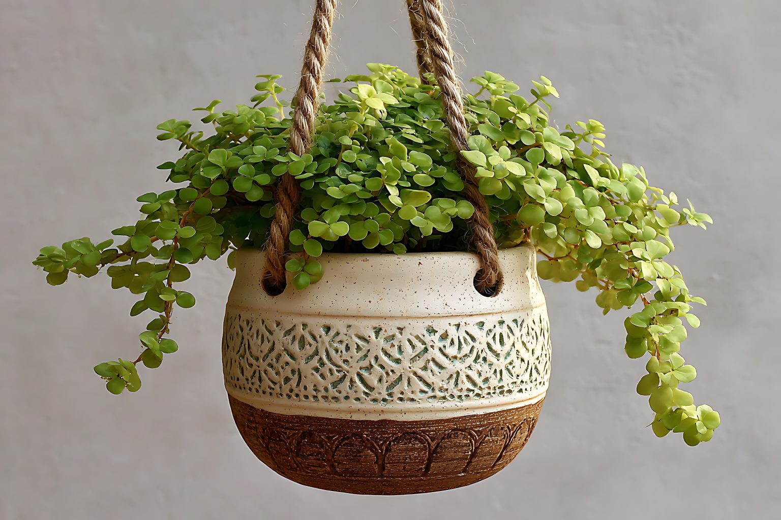 Pilea Depressa Hanging Plant in Decorative Ceramic Pot